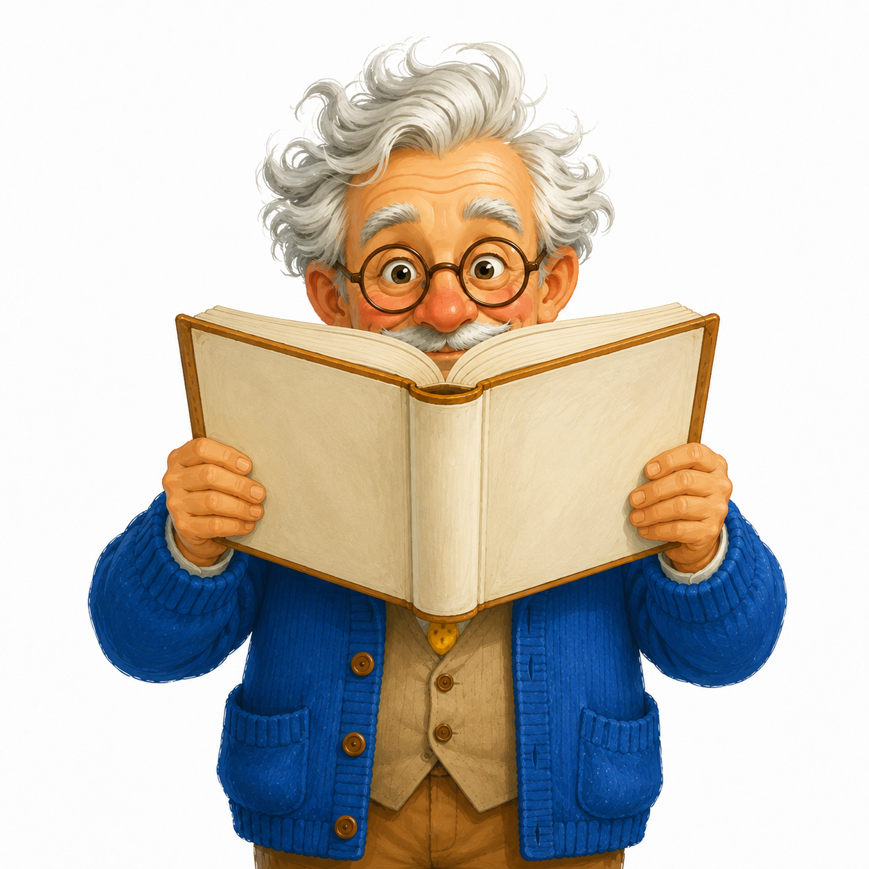 Professor Mazzerton, a smiling illustrated guide with silver hair, round glasses, a blue cardigan and yellow bow tie